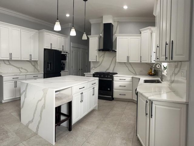 18609 Pinon Trl, Marengo, IL 60152 - kitchen featuring black appliances, wall chimney exhaust hood, a center island, a sink, and tasteful backsplash