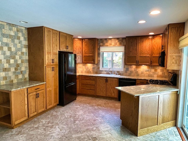 1622 Indian Knoll Rd, Naperville, IL 60565 - kitchen with black appliances, a sink, brown cabinetry, tasteful backsplash, and recessed lighting