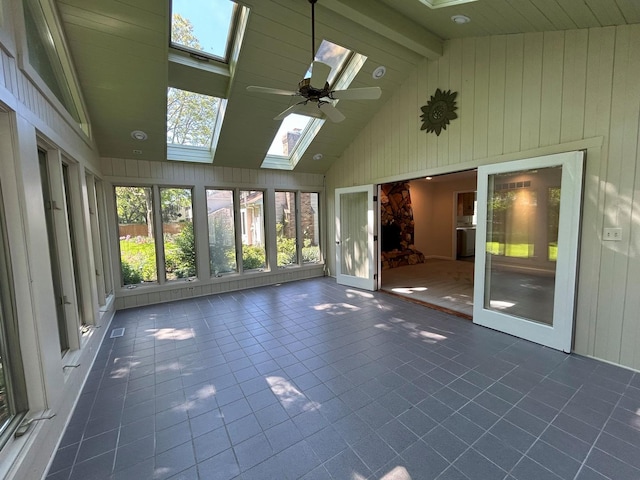 1622 Indian Knoll Rd, Naperville, IL 60565 - unfurnished sunroom featuring a skylight, wood walls, tile patterned flooring, high vaulted ceiling, and beamed ceiling