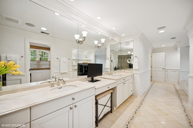677 Greenleaf Ave, Glencoe, IL 60022 - full bathroom with vanity, recessed lighting, ornamental molding, a decorative wall, and wainscoting