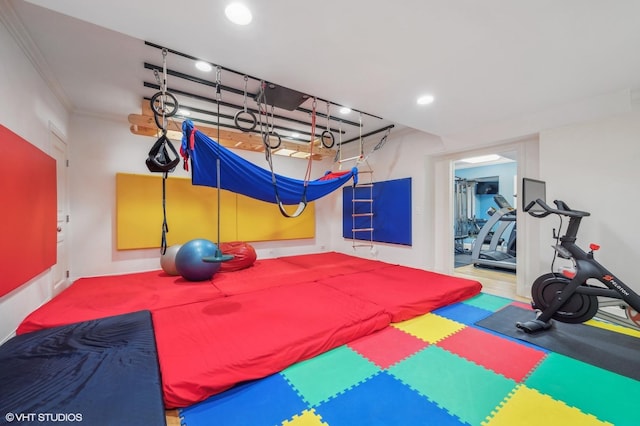 677 Greenleaf Ave, Glencoe, IL 60022 - workout area with recessed lighting and crown molding
