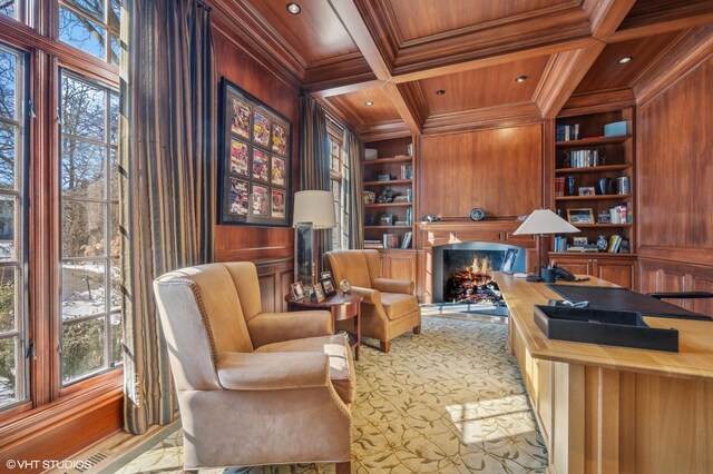 677 Greenleaf Ave, Glencoe, IL 60022 - office area featuring wooden walls, crown molding, built in features, wooden ceiling with exposed beams, and coffered ceiling