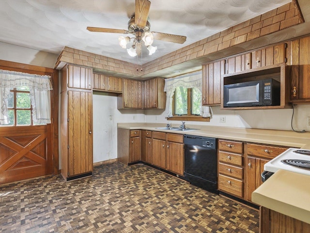 5123 Walnut Gove, Poplar Grove, IL 61065 - kitchen featuring black appliances, a sink, brown cabinets, light countertops, and ceiling fan