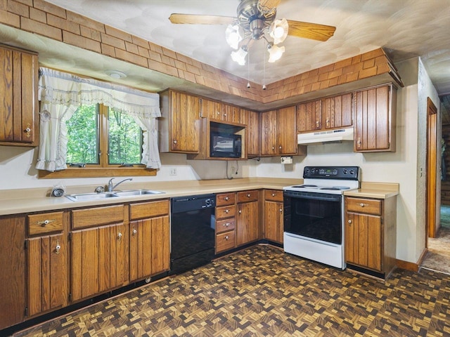 5123 Walnut Gove, Poplar Grove, IL 61065 - kitchen featuring white range with electric stovetop, dishwasher, under cabinet range hood, a sink, and brown cabinetry