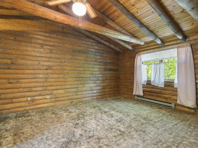 5123 Walnut Gove, Poplar Grove, IL 61065 - carpeted spare room with a baseboard heating unit, wood ceiling, log walls, and a ceiling fan