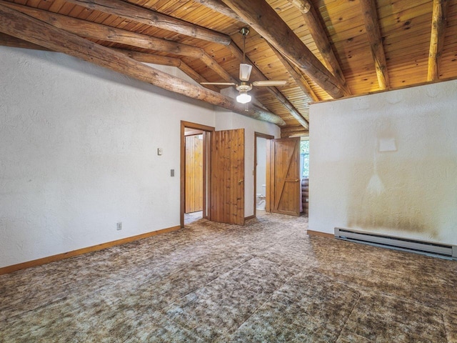 5123 Walnut Gove, Poplar Grove, IL 61065 - spare room featuring a baseboard radiator, wooden ceiling, a textured wall, baseboards, and carpet flooring