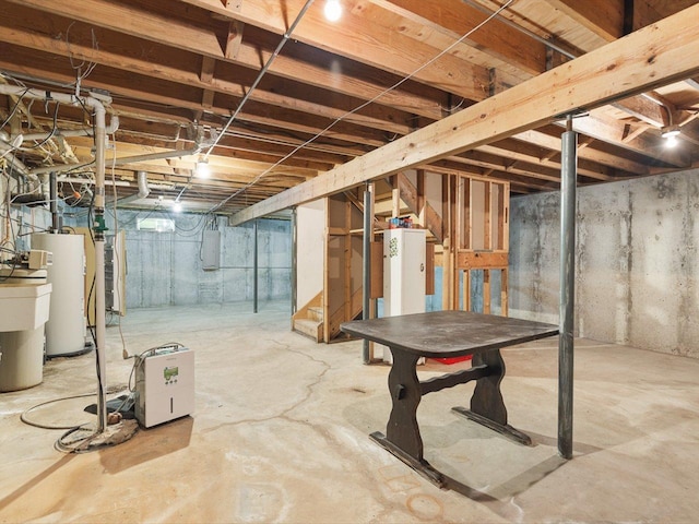5123 Walnut Gove, Poplar Grove, IL 61065 - unfinished basement featuring electric water heater, stairway, electric panel, and a water softener
