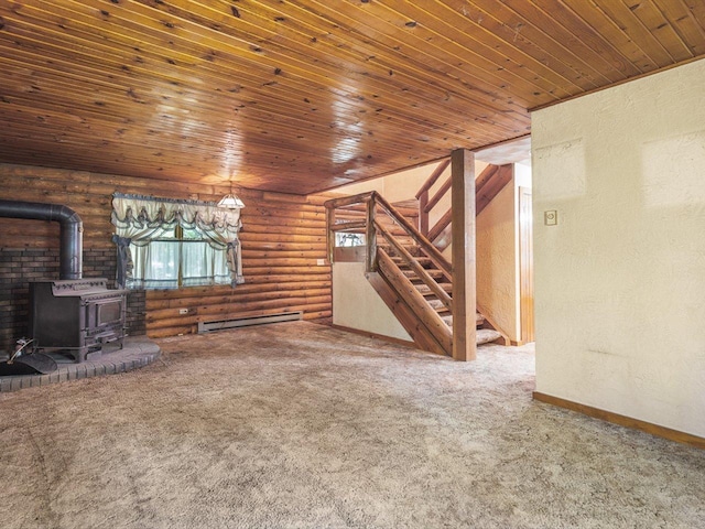 5123 Walnut Gove, Poplar Grove, IL 61065 - unfurnished living room with a wood stove, rustic walls, carpet flooring, stairway, and plenty of natural light
