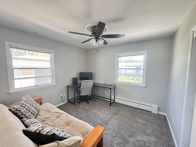 1128 Somonauk St, Sycamore, IL 60178 - office area with a baseboard heating unit, carpet, a ceiling fan, and baseboards