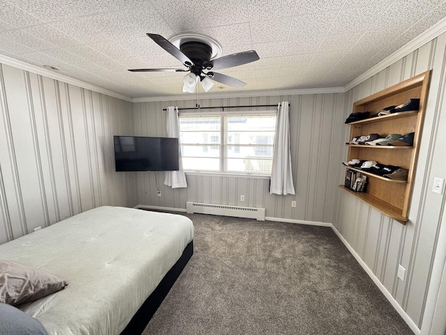 1128 Somonauk St, Sycamore, IL 60178 - bedroom with baseboard heating, crown molding, carpet, and a ceiling fan