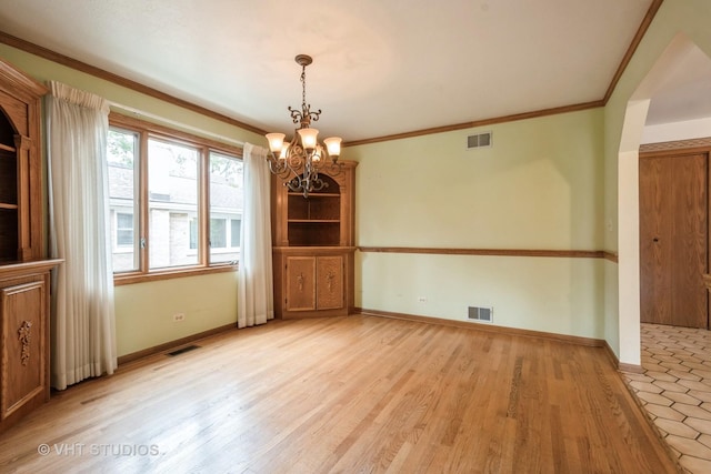 1214 W Talcott Rd, Park Ridge, IL 60068 - unfurnished dining area with a chandelier, baseboards, light wood-style flooring, and crown molding