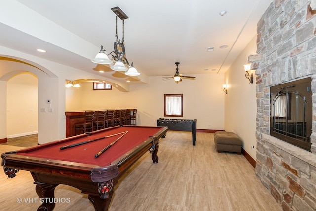 10944 Arbor Ridge Dr, Orland Park, IL 60467 - rec room featuring a dry bar, a fireplace, ceiling fan, wood finished floors, and recessed lighting