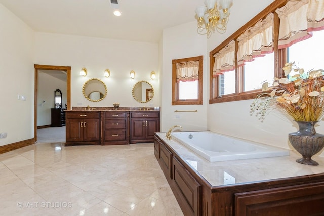 10944 Arbor Ridge Dr, Orland Park, IL 60467 - full bath featuring double vanity, a bath, marble finish floors, and a chandelier