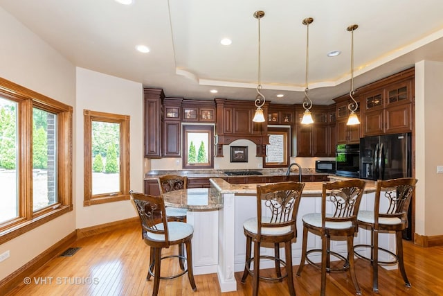 10944 Arbor Ridge Dr, Orland Park, IL 60467 - kitchen with black appliances, light wood-style flooring, a tray ceiling, a kitchen island with sink, and recessed lighting