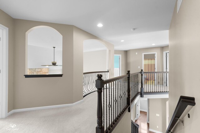 491 Bloomfield Cir W, Oswego, IL 60543 - hallway with an upstairs landing, baseboards, carpet flooring, and recessed lighting