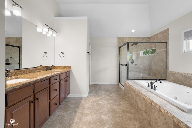 491 Bloomfield Cir W, Oswego, IL 60543 - bathroom with a jetted tub, a stall shower, double vanity, tile patterned flooring, and baseboards