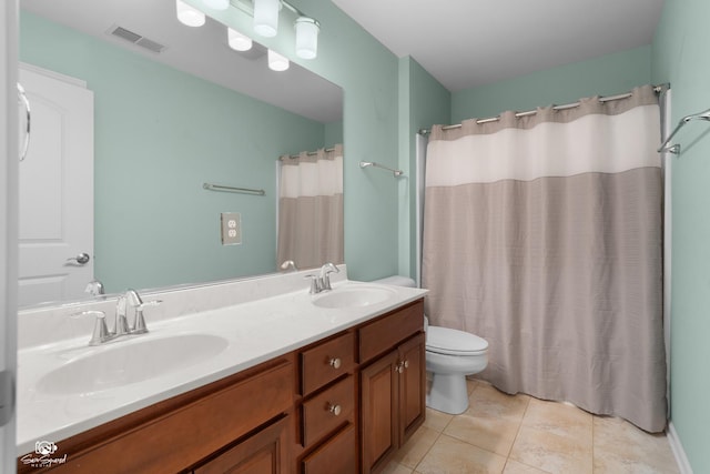 491 Bloomfield Cir W, Oswego, IL 60543 - bathroom with toilet, tile patterned flooring, double vanity, and a shower with shower curtain