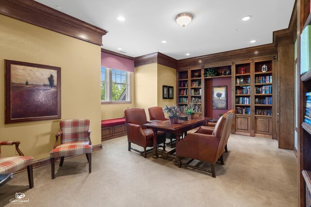 491 Bloomfield Cir W, Oswego, IL 60543 - office area featuring light colored carpet, crown molding, recessed lighting, and baseboards
