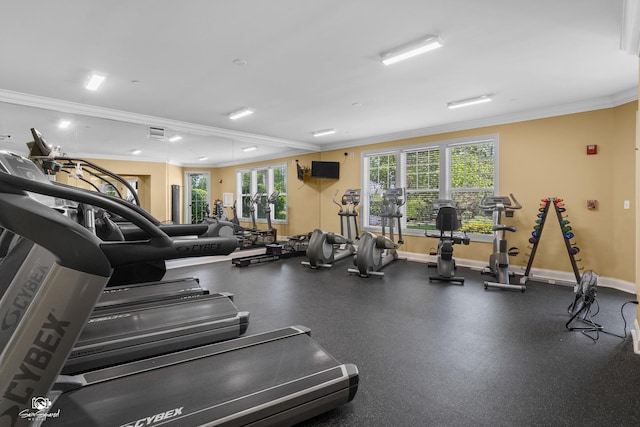 491 Bloomfield Cir W, Oswego, IL 60543 - gym featuring ornamental molding, baseboards, and healthy amount of natural light