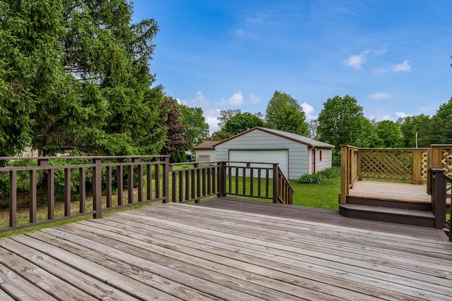 4539 Matthew Ave, Roscoe, IL 61073 - wooden terrace with a garage, an outdoor structure, a yard, and view of wooded area
