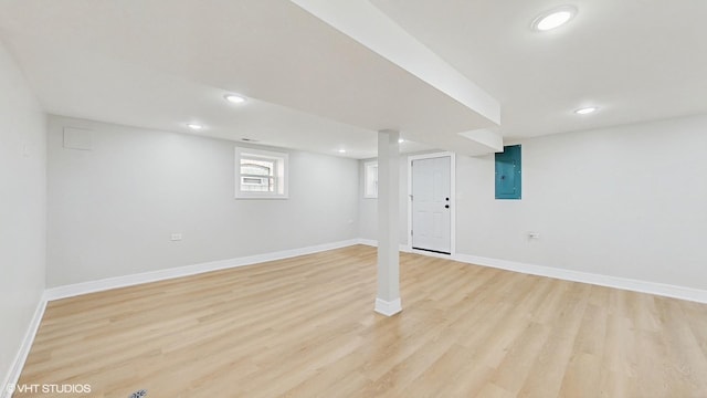 7545 S Perry Ave, Chicago, IL 60620 - below grade area featuring electric panel, light wood finished floors, baseboards, and recessed lighting