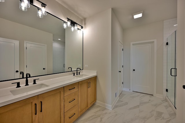 1568 Dempsey Dr, Saint Charles, IL 60174 - bathroom featuring double vanity, marble look tile flooring, a stall shower, and recessed lighting