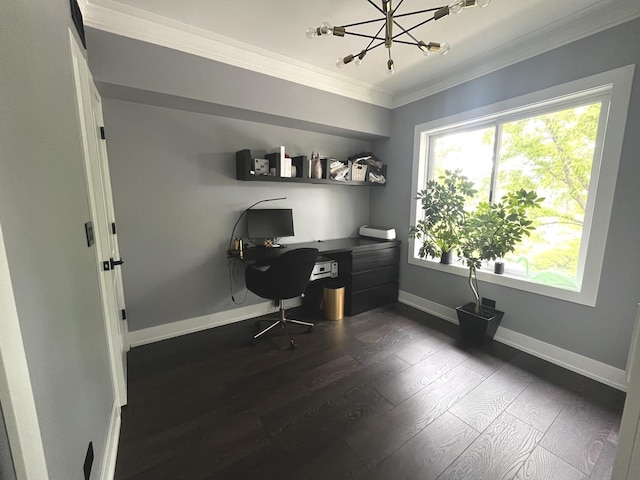 9420 S 77th Ct Unit 3E, Hickory Hills, IL 60457 - office area with ornamental molding, dark wood finished floors, a chandelier, and baseboards