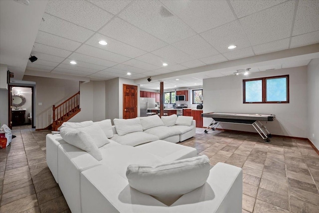 670 Leslie Ct, Carol Stream, IL 60188 - living room featuring a drop ceiling, stairway, baseboards, billiards table, and recessed lighting