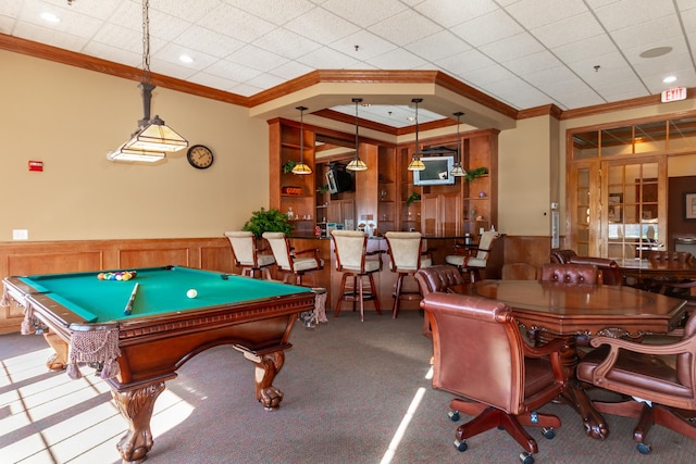 LOT37 W Caspian Cir, Lockport, IL 60441 - rec room featuring ornamental molding, wainscoting, carpet flooring, billiards table, and a community bar