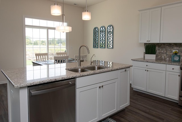 LOT37 W Caspian Cir, Lockport, IL 60441 - kitchen featuring dishwasher, a sink, dark wood-style flooring, backsplash, and an island with sink