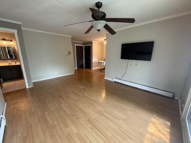 10940 S Worth Ave Unit 9, Worth, IL 60482 - unfurnished living room featuring a baseboard heating unit, light wood-style flooring, crown molding, baseboards, and ceiling fan