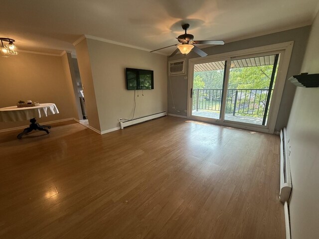 10940 S Worth Ave Unit 9, Worth, IL 60482 - unfurnished living room featuring baseboard heating, crown molding, wood finished floors, ceiling fan, and a wall mounted air conditioner