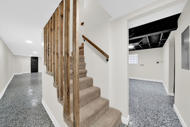 7535 S Aberdeen St, Chicago, IL 60620 - stairway featuring baseboards, recessed lighting, and electric panel