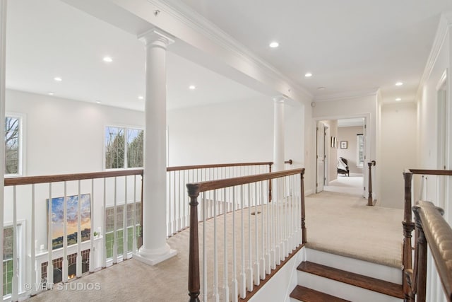 4824 Darlene Ct E, Long Grove, IL 60047 - corridor featuring carpet floors, recessed lighting, ornate columns, an upstairs landing, and crown molding