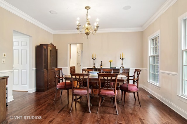 4824 Darlene Ct E, Long Grove, IL 60047 - dining room featuring ornamental molding, a chandelier, dark wood-type flooring, and baseboards