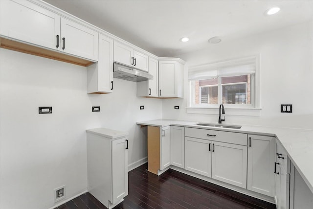 6903 S Ada St, Chicago, IL 60636 - kitchen with a sink, under cabinet range hood, dark wood-style flooring, white cabinets, and recessed lighting