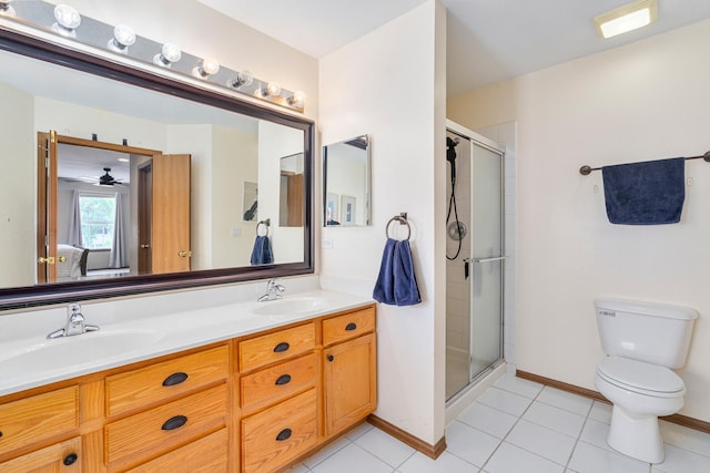 1453 Waterside Dr, Bolingbrook, IL 60490 - full bath with double vanity, a shower stall, tile patterned flooring, and a ceiling fan