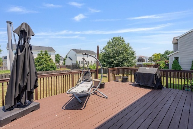 1453 Waterside Dr, Bolingbrook, IL 60490 - wooden terrace featuring a fenced backyard, a grill, and a residential view