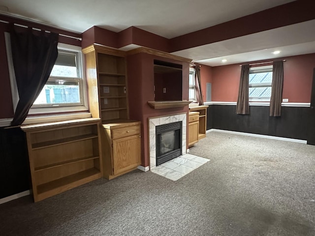 11024 Mason Ave, Chicago Ridge, IL 60415 - unfurnished living room with light colored carpet, a premium fireplace, recessed lighting, and baseboards