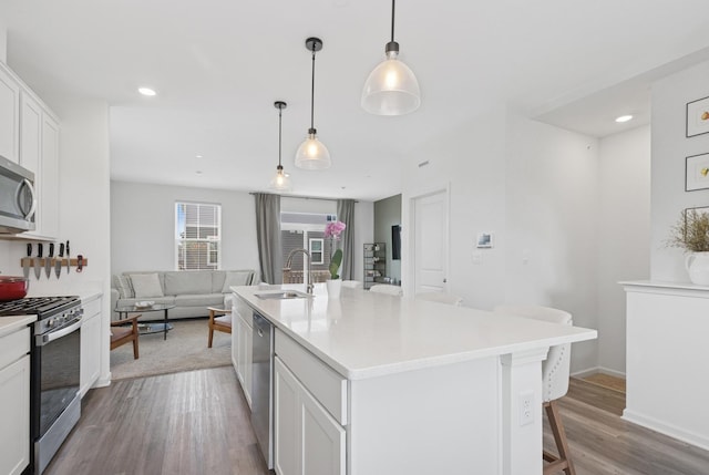 2011 Sequoia Ave, Mundelein, IL 60060 - kitchen with stainless steel appliances, a sink, wood finished floors, white cabinets, and a kitchen island with sink