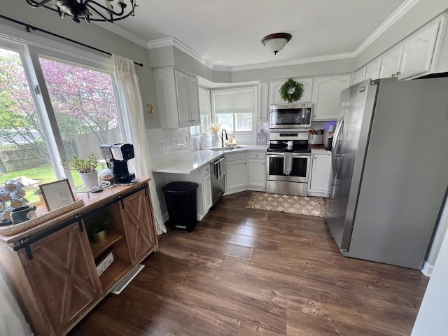 7003 94th Ave, Kenosha, WI 53142 - kitchen with stainless steel appliances, white cabinetry, dark wood-type flooring, a sink, and ornamental molding