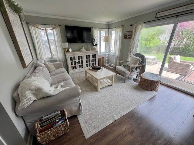 7003 94th Ave, Kenosha, WI 53142 - living room with crown molding, wood finished floors, and a chandelier