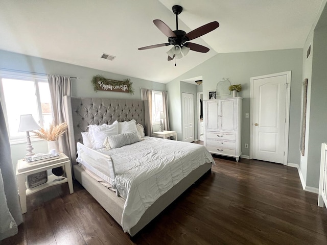 7003 94th Ave, Kenosha, WI 53142 - bedroom with vaulted ceiling, dark wood-style floors, ceiling fan, and baseboards