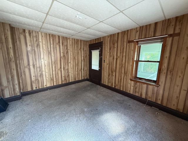 428 Chicago Ave, Savanna, IL 61074 - empty room with a drop ceiling, carpet, and wood walls