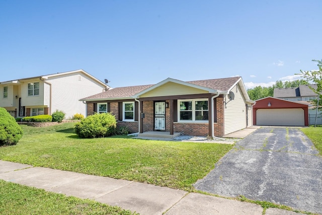 5831 Allemong Dr, Matteson, IL 60443 - view of front facade featuring brick siding, an outdoor structure, a garage, a front lawn, and roof with shingles
