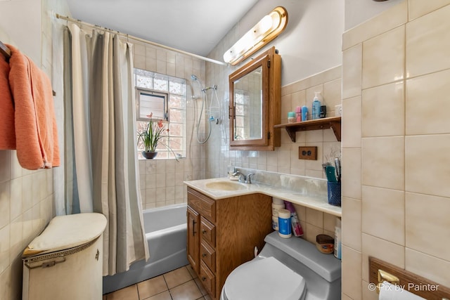 3324 N Ottawa Ave, Chicago, IL 60634 - full bathroom with tile walls, shower / bathtub combination with curtain, tile patterned floors, and vanity
