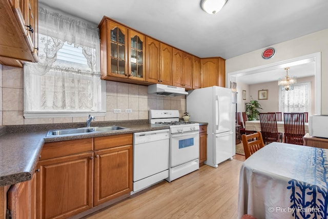 3324 N Ottawa Ave, Chicago, IL 60634 - kitchen featuring white appliances, under cabinet range hood, brown cabinets, and dark countertops