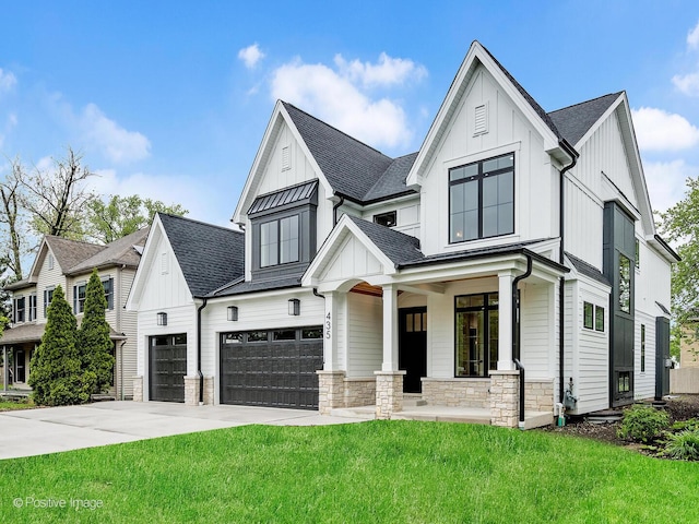 435 S W Ave, Elmhurst, IL 60126 - modern farmhouse style home with covered porch, board and batten siding, concrete driveway, and a front lawn