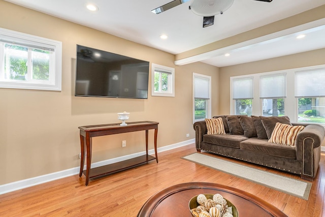 1627 S 14th Ave, Maywood, IL 60153 - living area featuring a ceiling fan, plenty of natural light, light wood-style floors, recessed lighting, and beamed ceiling