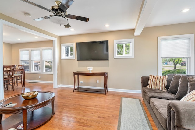 1627 S 14th Ave, Maywood, IL 60153 - living area featuring ceiling fan, light wood-style floors, beamed ceiling, and recessed lighting